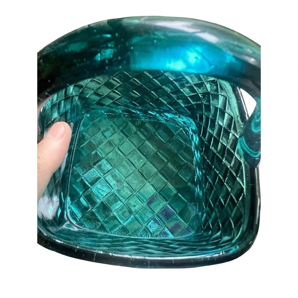 Vintage Shiah Yih Teal Blue Art Glass Basket Hand Made Taiwan 6